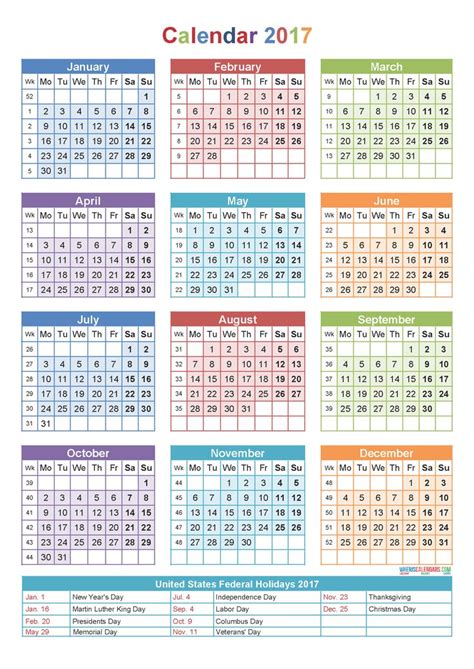 Year Long Printable Calendar