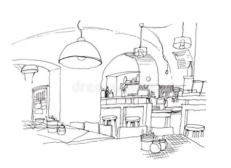 Cozy Small Cafe Interior Hand Drawing Illustration Stock Illustration