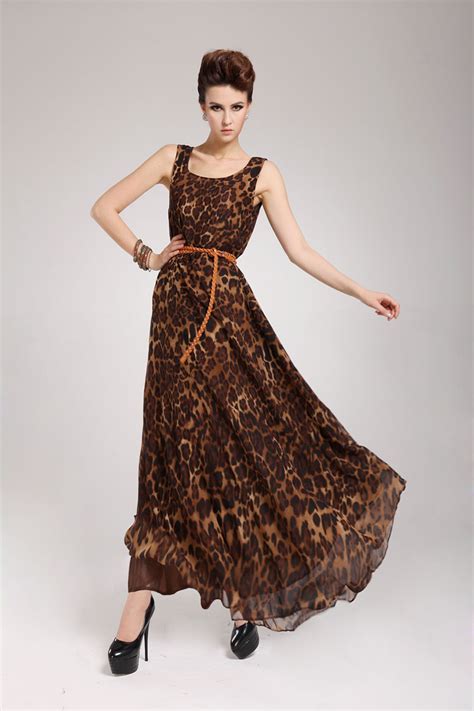 Leopard Print Chiffon Maxi Dress With Belt On Luulla