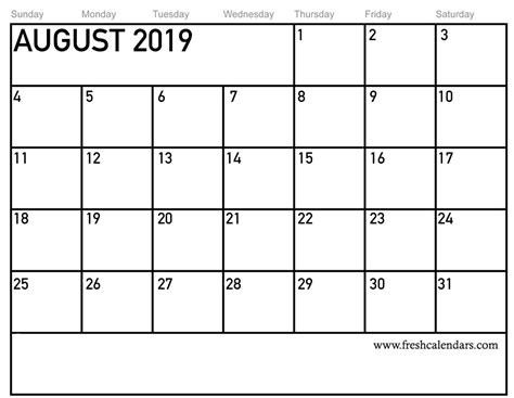 August 2019 Calendar Printable