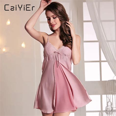 Buy Caiyier Sexy Nightgowns Silk Slip Pink Sleepwear Chemises 2018 Women Hollow