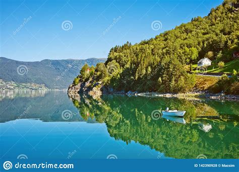 Beautiful Nature Norway Natural Landscape With Fjord Boat