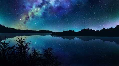 Amazing Starry Night Over Mountains And River Wallpaper