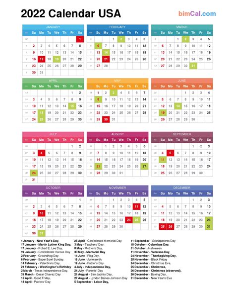 2022 Calendar Usa Bimcal