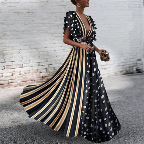Deep V Neck Printed Striped Polka Dot Fashion Maxi Dress Maxpassion