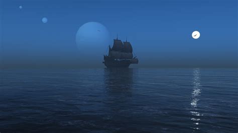 Sailing Ship Sea Reflection Mist Moon Night 1920x1080 Wallpaper