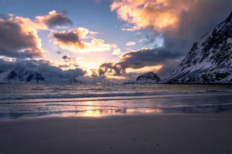 Sunset At Haukland Beach On The Lofoten Islands Stock Photo Image Of