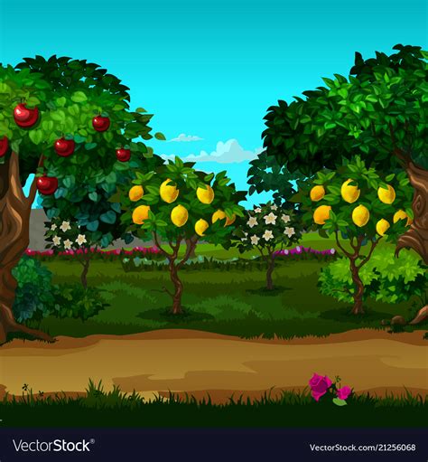 A Garden With Ripe Fruit Cartoon Close Up Vector Image