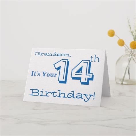 Grandsons 14th Birthday Greeting In Blue And White Card Zazzle