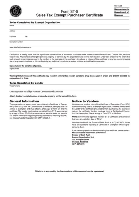 Fillable Form St 5 Sales Tax Exempt Purchaser Certificate Printable