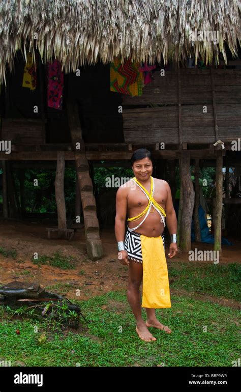 Panama Chagres National Park Embera Indian At Traditional House Stock