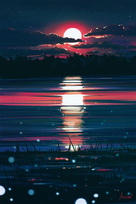 Body Of Water During Sunset Painting Sunset Illustration Water