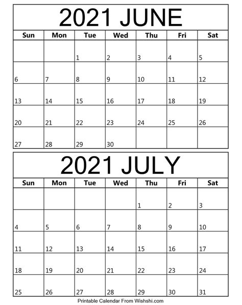Printable June July 2021 Calendar June Calendar Printable Calendar