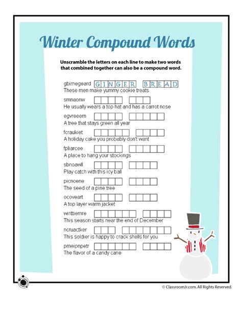 Winter Compound Words Vocabulary Word Scramble Worksheet