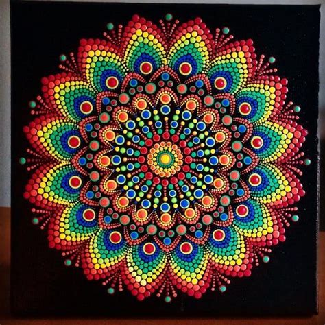 Rainbow Burst Dot Mandala On Black Stretched Canvas 10 X 10 In Red