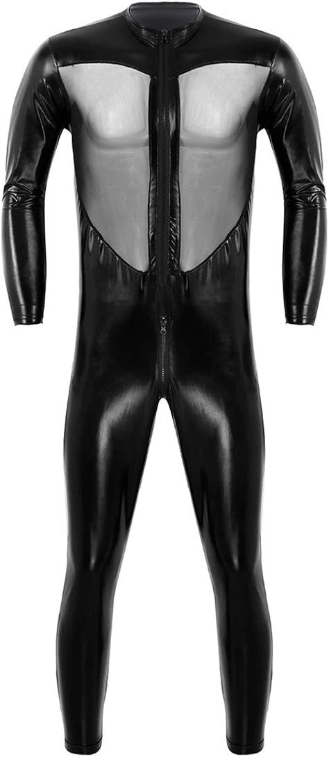 iixpin men s pvc leather mesh splice long sleeve full body bodysuit jumpsuit uk