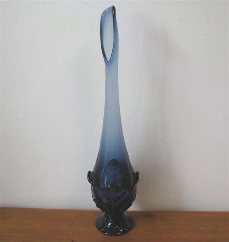 Mid Century Viking Glass Tall Swung Vase Epic Leaf London Blue Viking Glass Mid Century Vase