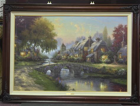Sold Price: Thomas Kinkade Oil Painting titled Cobblestone Bridge