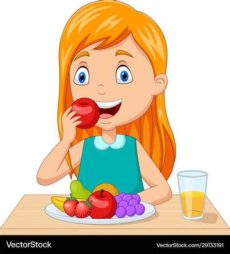 Little Girl Eating Fruits At Table Royalty Free Vector Image