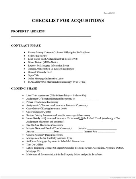 printable checklist  acquisitions form sample