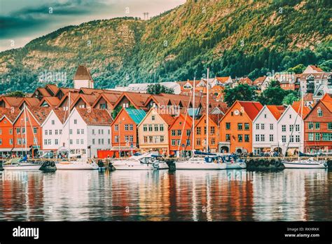 Bergen Norway View Of Historical Buildings Houses In Bryggen