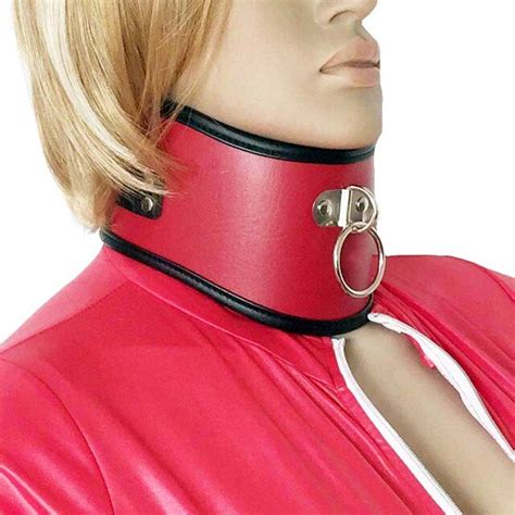 Female Soft Red Leather Bondage Posture Collar With Black Trim Women Lockable Neck Restraint