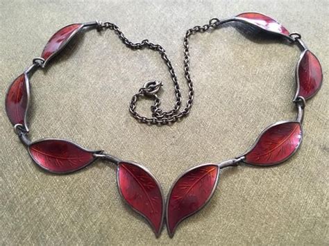 Norway Red Enamel Leaves Necklace Sterling Silver D A David