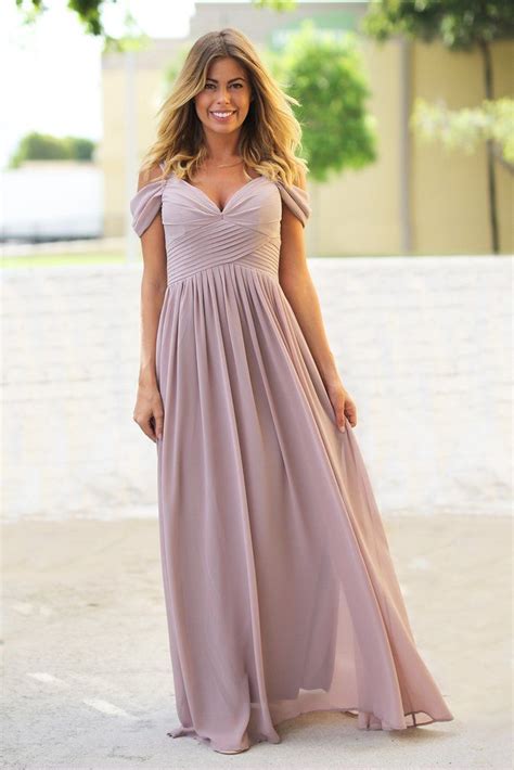 Our bridesmaid dresses in maxi, pleated & lace styles make an impeccable finish. Dusty Mauve Off Shoulder Maxi Dress | Bridesmaid dresses ...