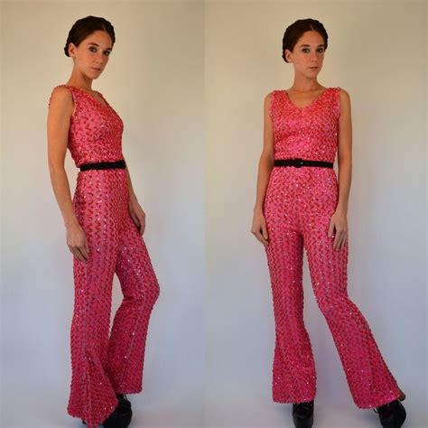 Vintage 70s Sequin Pink Knit Disco Jumpsuit Bellbottom Nye Boho Flare