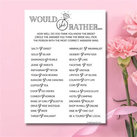 Would She Rather Bridal Shower Game Free Printable Calendar