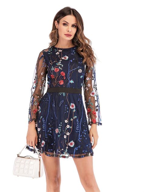 Milumia Womens Round Neck Floral Embroidered Mesh Long Sleeve Dress