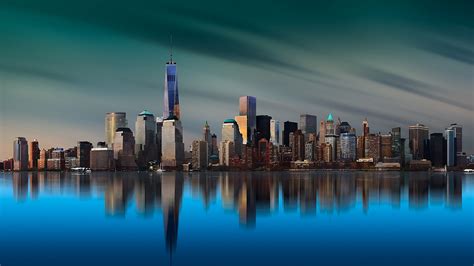 Building New York City Island Calm Skyline Water Wallpaper