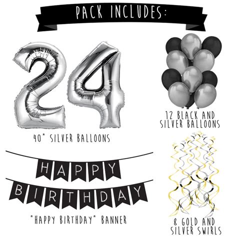 24th Birthday Party Pack Black And Silver Happy Birthday Etsy