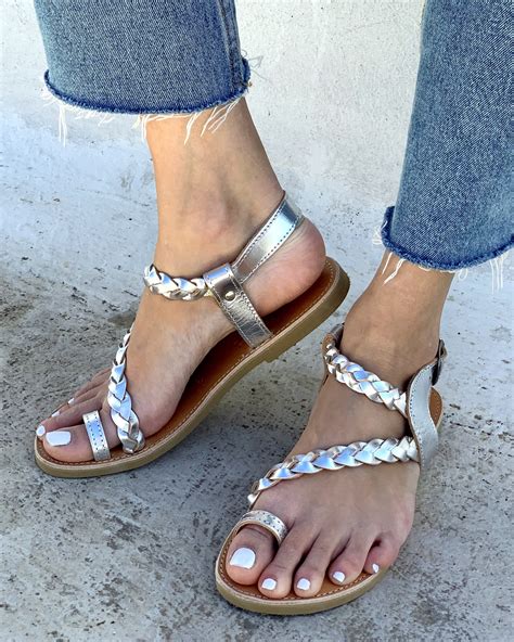 silver leather women sandals wedding greek sandals