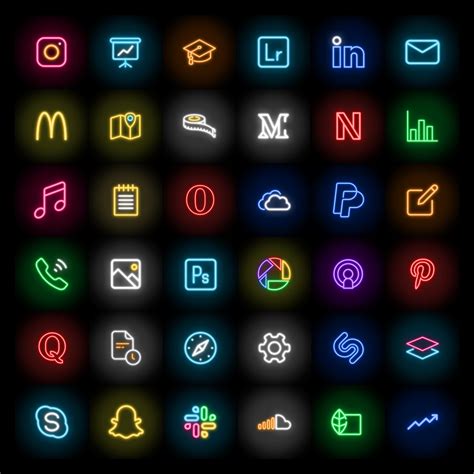 App Icons In Neon Lights Theme Ios App Icons Black For Etsy