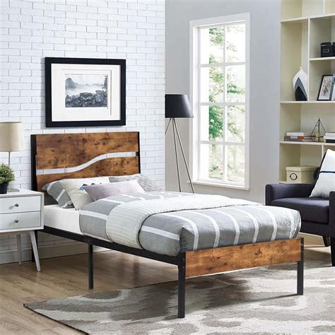 Vecelo Twin Metal And Wood Platform Bed Frame With Rustic Vintage