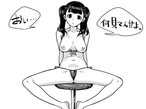 kuga hajime world lover original translated 1girl bikini breasts chair greyscale