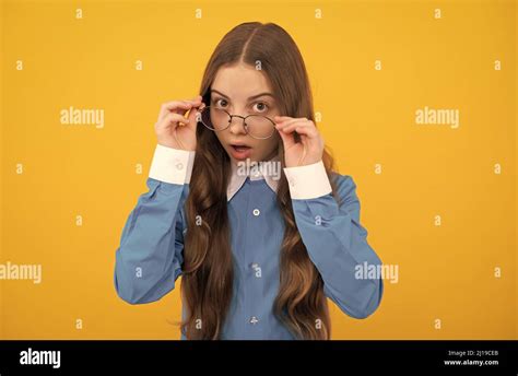 Just Curious Curious Girl In Eyeglasses Nerdy Looking Kid Yellow