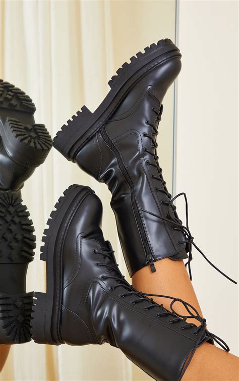 Black Calf High Lace Up Chunky Biker Boots Prettylittlething
