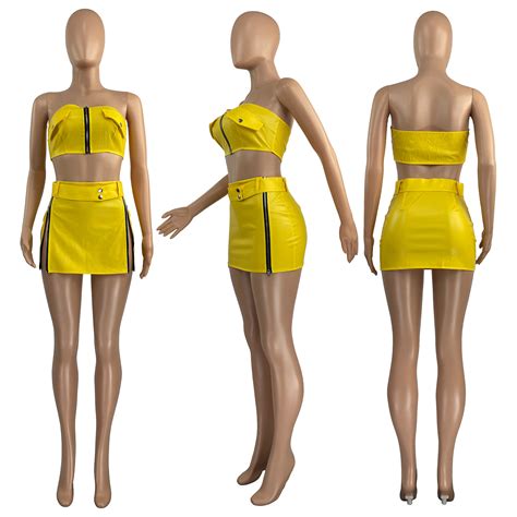 sexy dress 2 two piece sets women skirt sleeveless strapless crop zipper top mini skirts pu