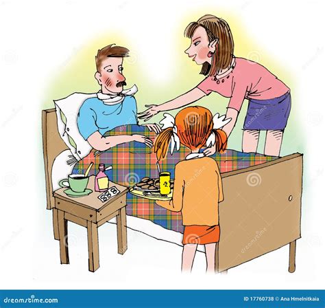 Mother And Babe Taking Care Of Ill Father Royalty Free Illustration CartoonDealer Com