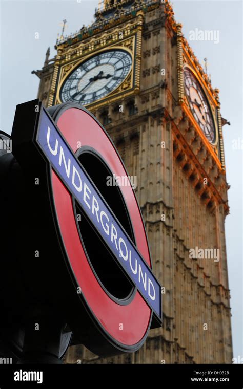 Sign Of Westminster Underground Station In Front Of Elizabeth Tower Or