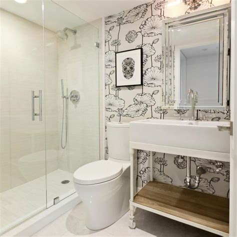 Black And White Small Bathroom With Floral Wallpaper Hgtv