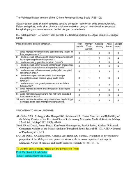 Pdf The Validated Malay Version Of The 10 Item Perceived Stress Scale