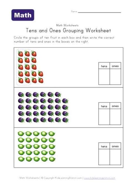 E.g., 706 equals 7 hundreds, 0 tens, and 6 ones. tens ones grouping fruit worksheet | Tens and ones ...