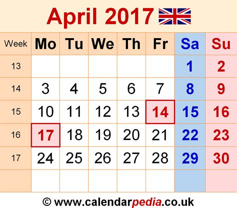 Calendar April 2017 Uk With Excel Word And Pdf Templates