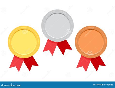 Set Of Award Medals With Red Ribbon Vector Illustration Stock