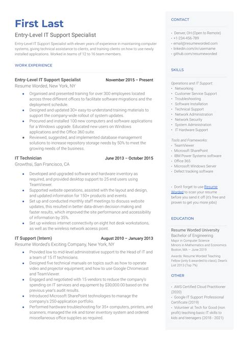 Entry-Level IT Support Specialist Resume Examples for 2024 | Resume Worded
