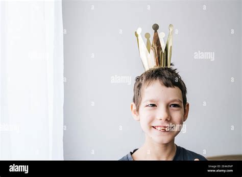 Portrait Of Autism Boy Wearing A Toy Crown Happy Inclusion And Autism