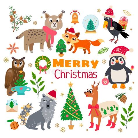 Christmas Forest Animals Set In Cartoon Style Stock Vector